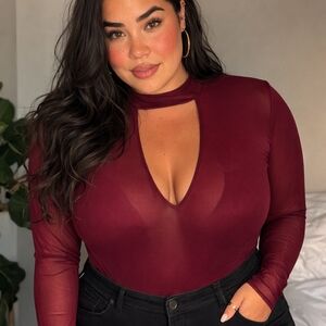 NWOT IRIS Sheer Mesh Long Sleeve Chest Cutout Bodysuit Burgundy Top Juniors 2XL